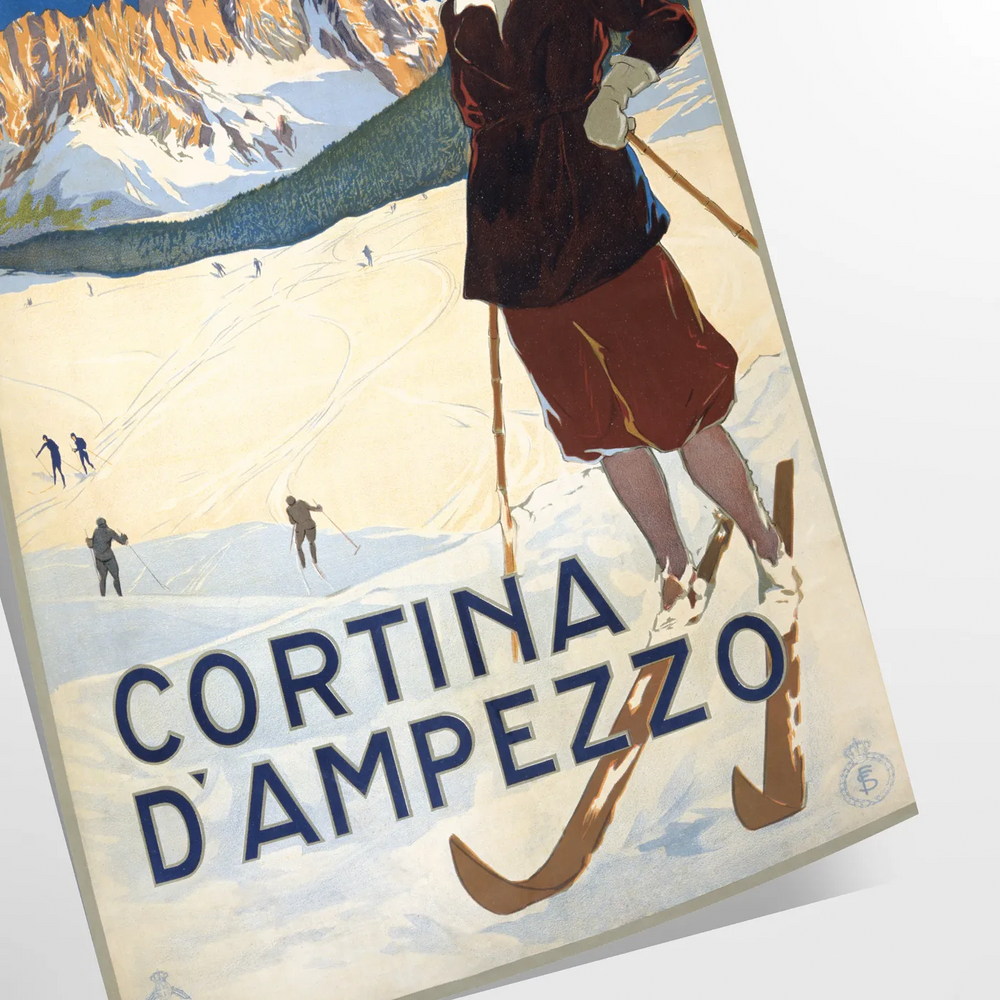 A vintage-style ski travel poster featuring snowy mountains and a bright blue sky