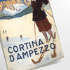 A vintage-style ski travel poster featuring snowy mountains and a bright blue sky - as a rolled, unframed print