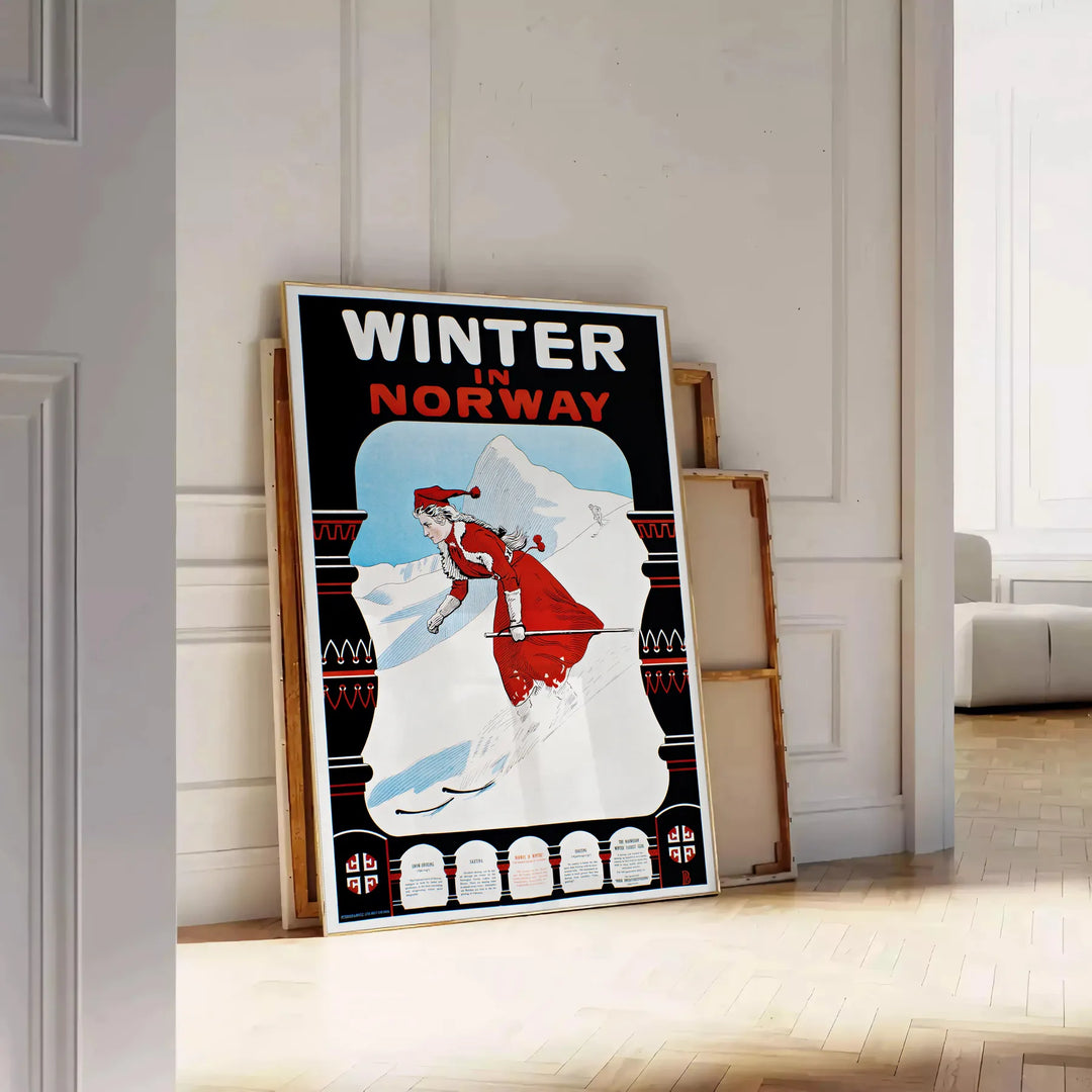 A minimalist ski travel poster featuring a snowy mountain landscape in gray and black tones - leaning on a herringbone floor against a white panelled wall