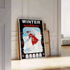 A minimalist ski travel poster featuring a snowy mountain landscape in gray and black tones - leaning on a herringbone floor against a white panelled wall