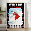A minimalist ski travel poster featuring a snowy mountain landscape in gray and black tones - in a bright minimalist room with a plant and an armchair
