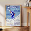 A ski scene with snowy slopes and blue skies - beside a round wooden side table with books