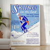 A ski scene with snowy slopes and blue skies - in a bright minimalist room with a plant and an armchair