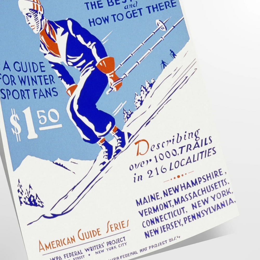 A ski scene with snowy slopes and blue skies
