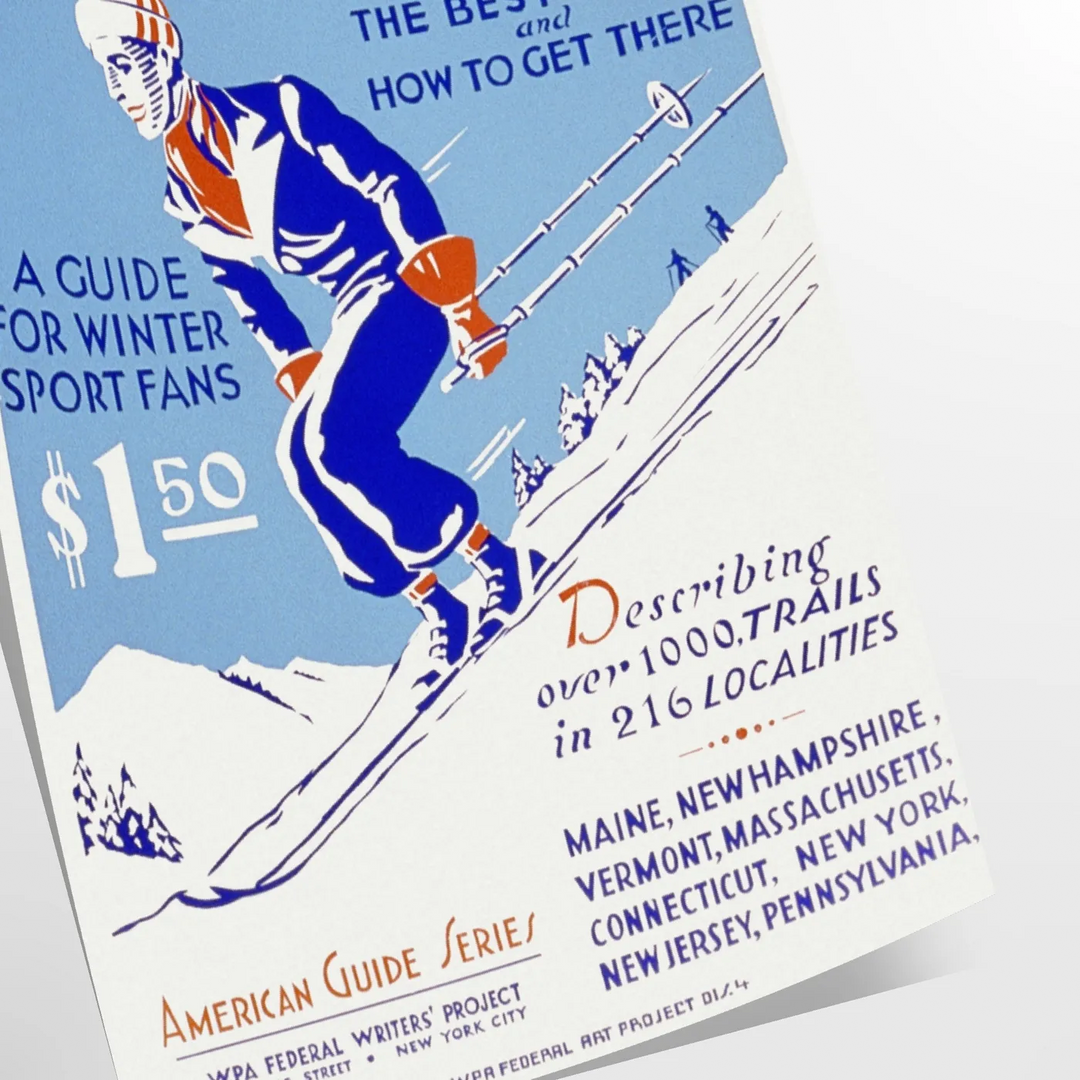 A ski scene with snowy slopes and blue skies - as a rolled, unframed print