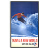 A skiing scene with dynamic slopes in orange and blue hues - in a black frame