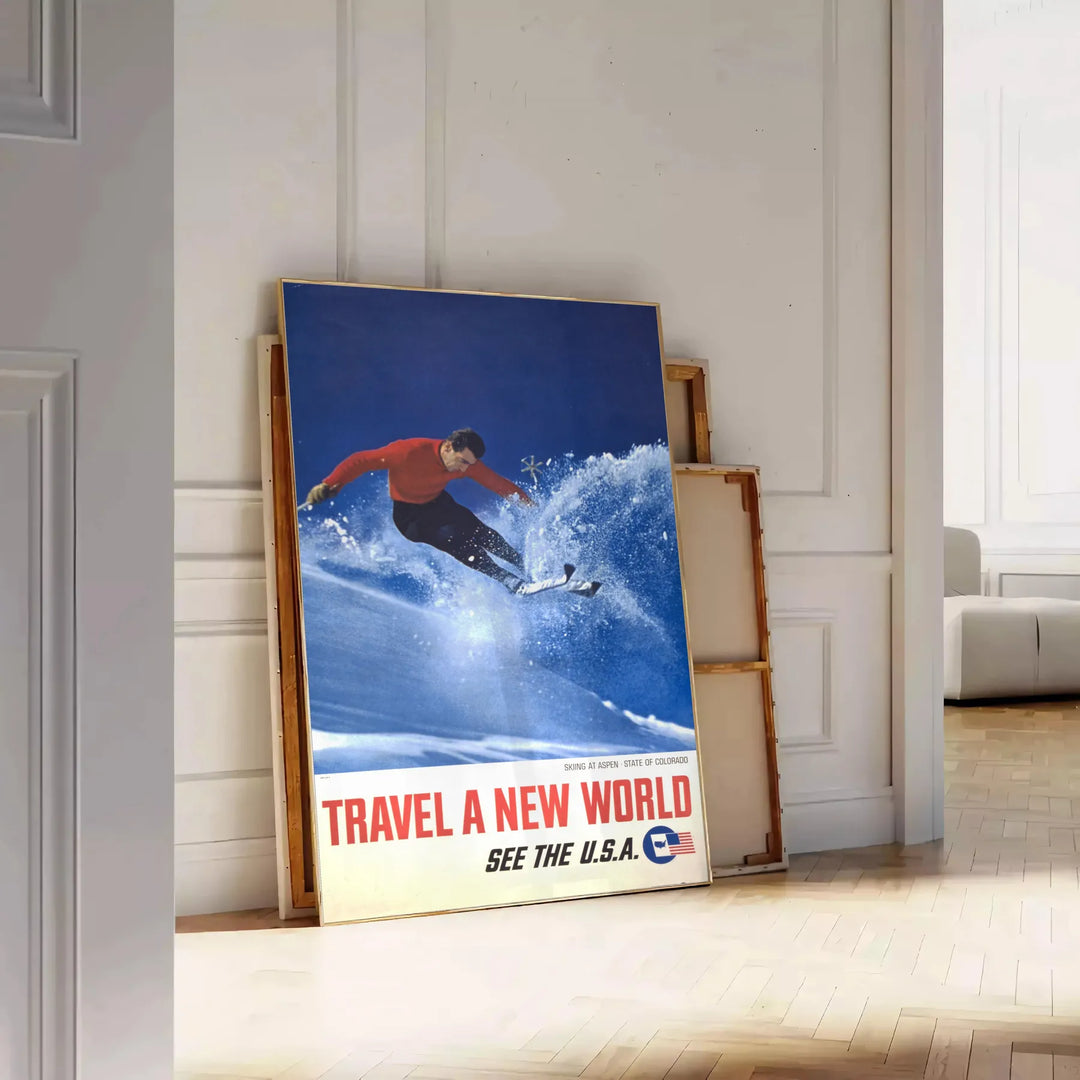 A skiing scene with dynamic slopes in orange and blue hues - leaning on a herringbone floor against a white panelled wall