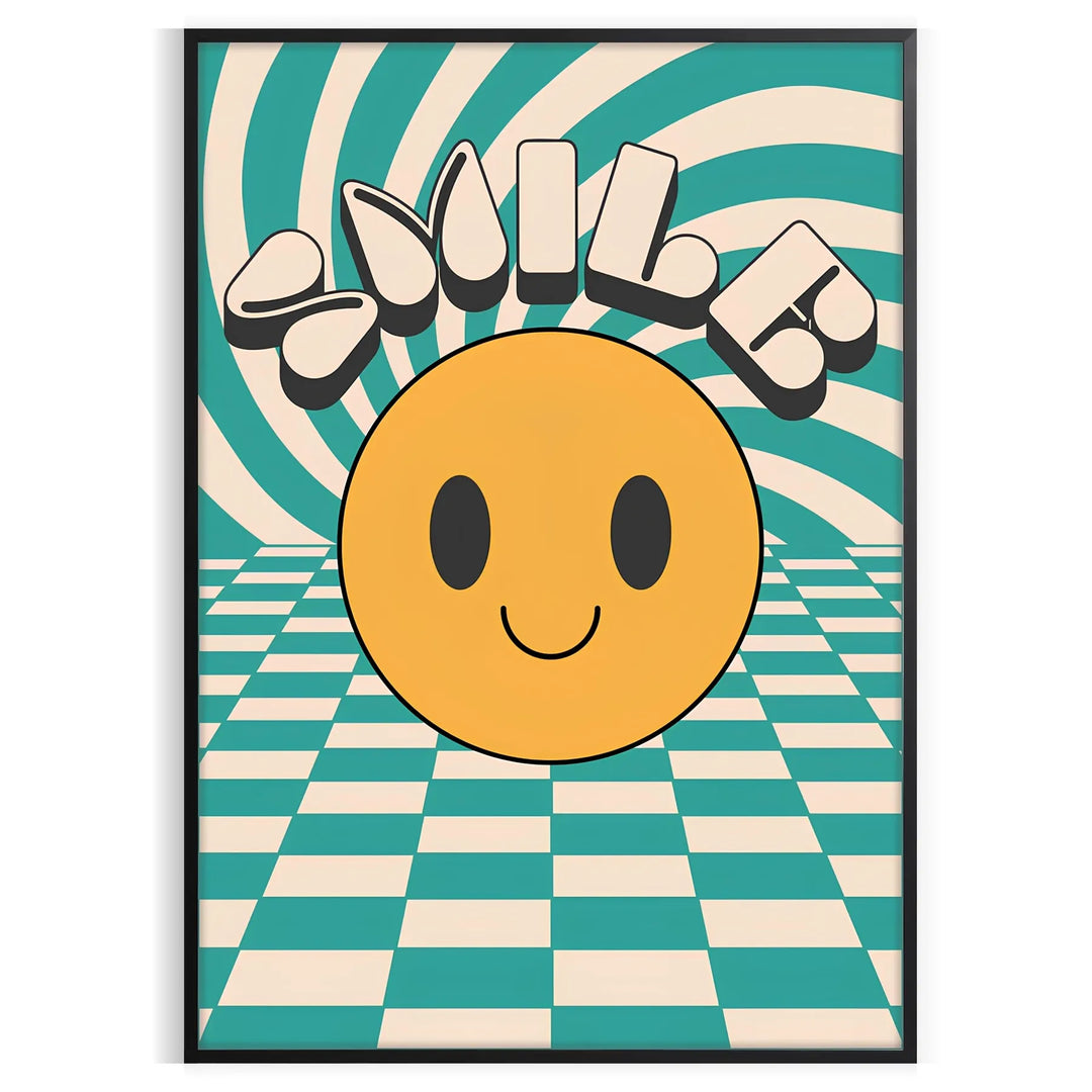 Design abstrato com um rosto sorridente em tons de laranja e preto - numa moldura preta