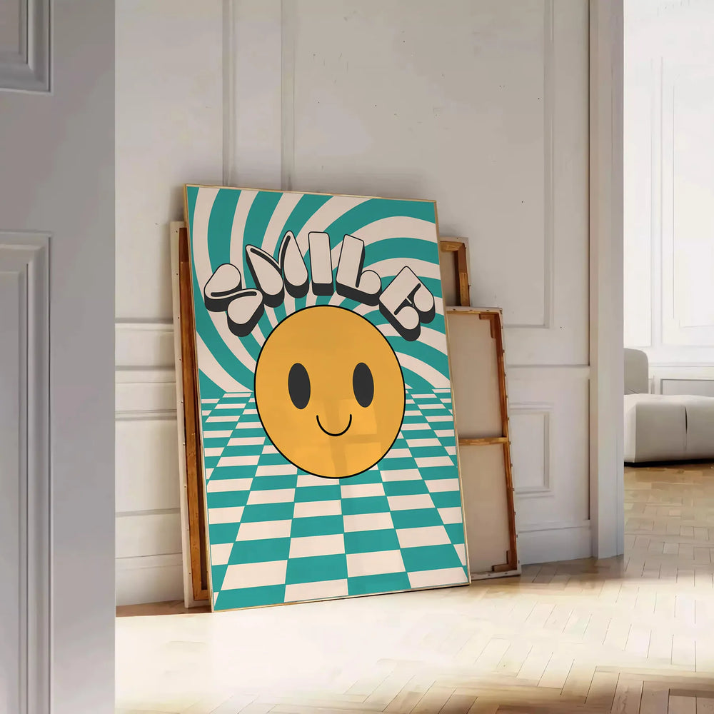 Abstract design featuring a smiling face in orange and black tones