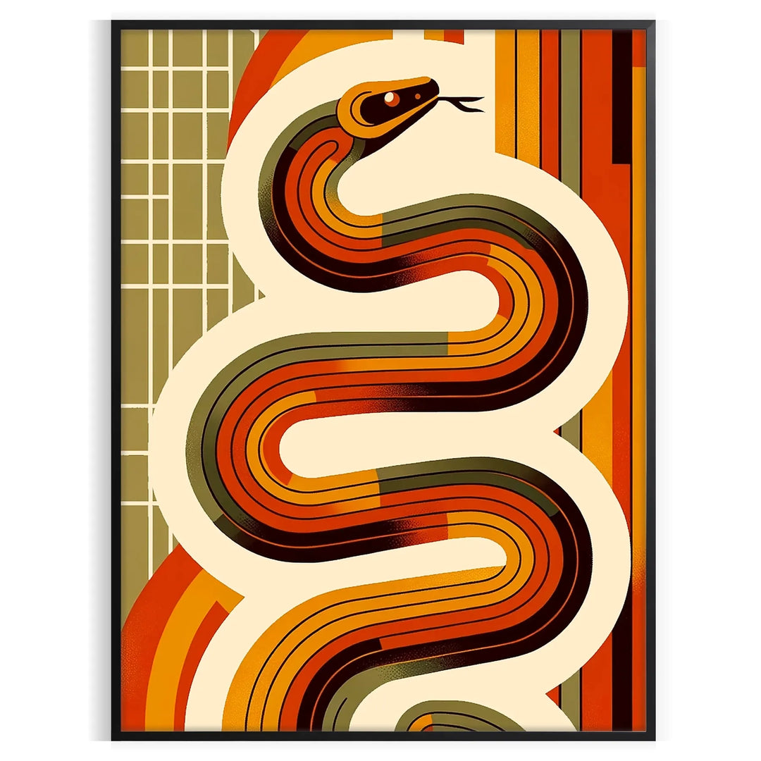 Midcentury-style illustration of a snake in orange and red tones - in a black frame