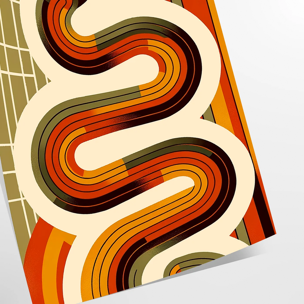 Midcentury-style illustration of a snake in orange and red tones