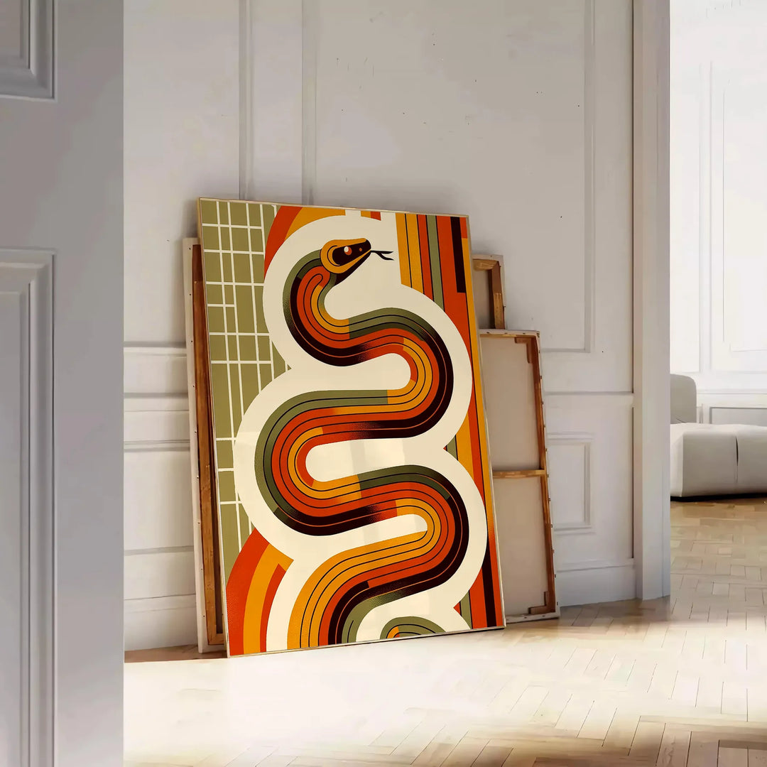 Midcentury-style illustration of a snake in orange and red tones - leaning on a herringbone floor against a white panelled wall