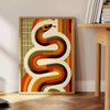 Midcentury-style illustration of a snake in orange and red tones - beside a round wooden side table with books