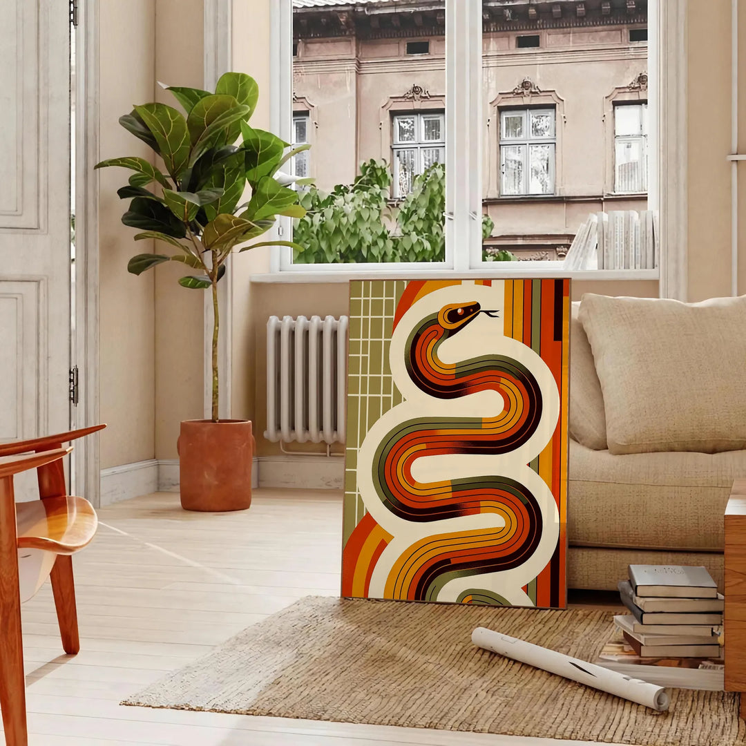 Midcentury-style illustration of a snake in orange and red tones - in a Parisian living room with a sofa and a fig plant