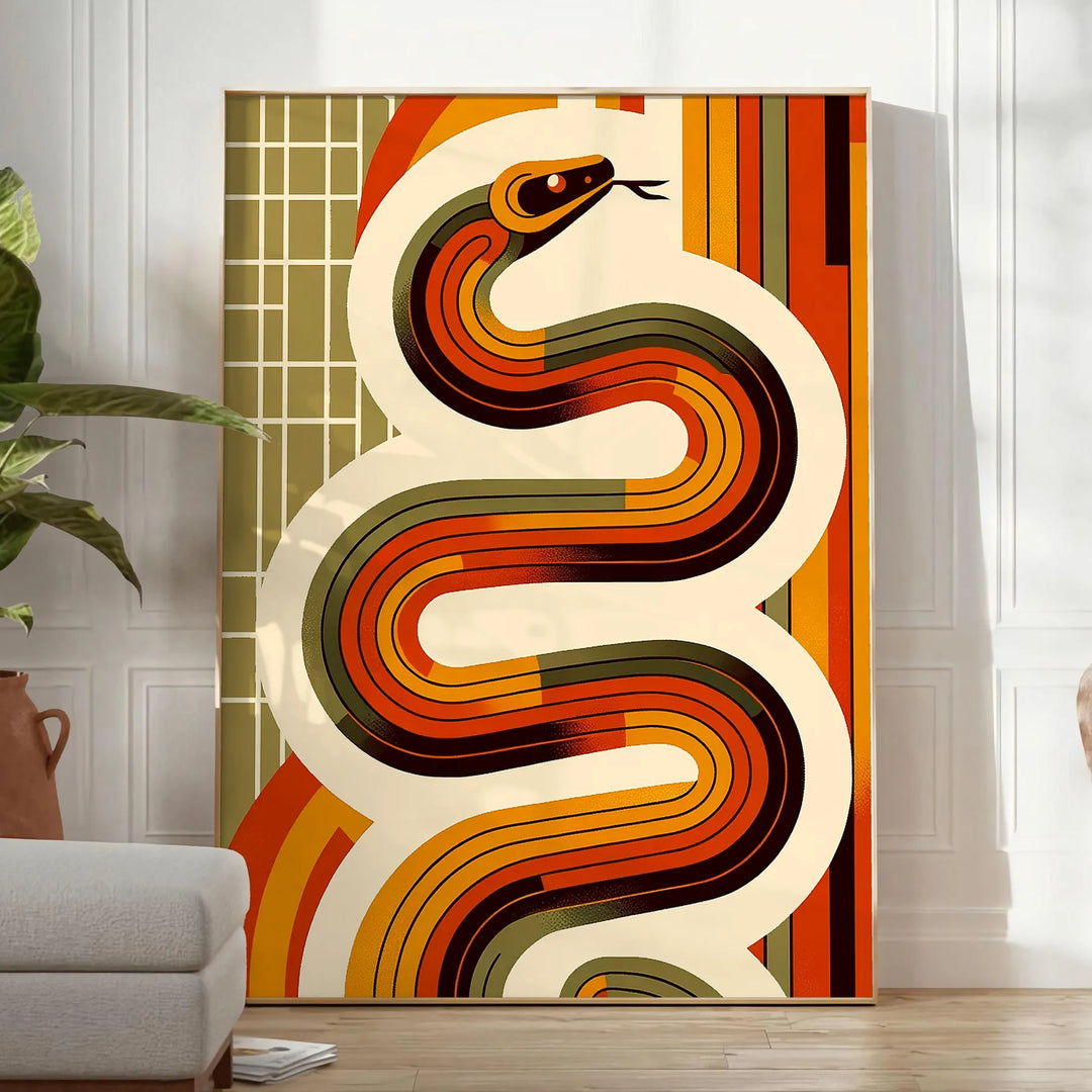 Midcentury-style illustration of a snake in orange and red tones - in a bright minimalist room with a plant and an armchair