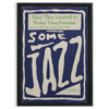 Abstract depiction of jazz musicians in gray and blue tones - in a black frame