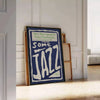 Abstract depiction of jazz musicians in gray and blue tones - leaning on a herringbone floor against a white panelled wall