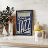 Abstract depiction of jazz musicians in gray and blue tones - styled on a counter with eucalyptus and a bowl of lemons