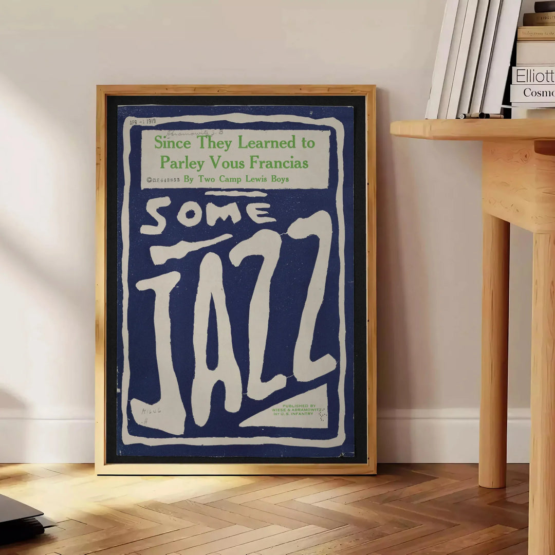 Abstract depiction of jazz musicians in gray and blue tones - beside a round wooden side table with books