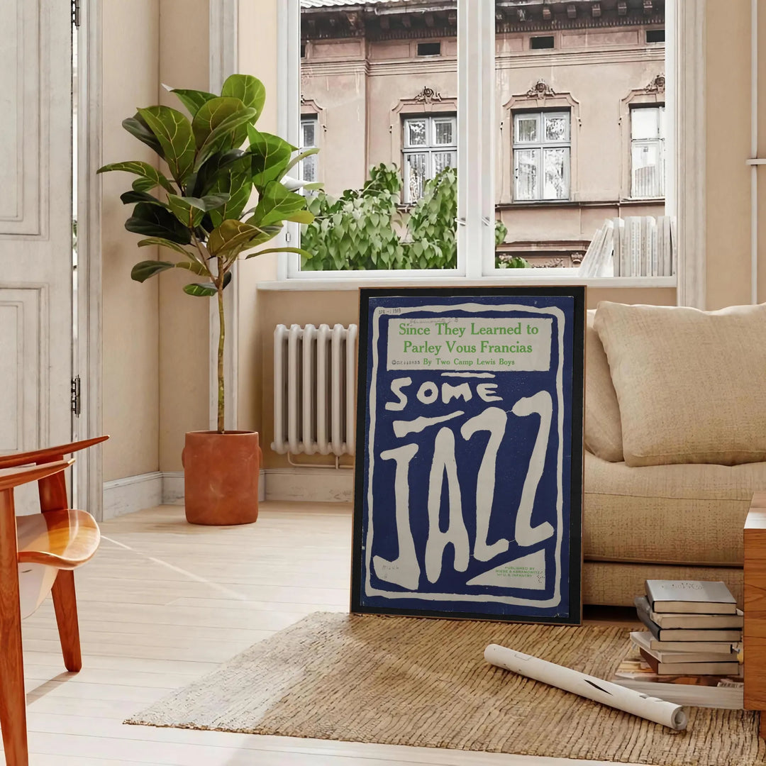 Abstract depiction of jazz musicians in gray and blue tones - in a Parisian living room with a sofa and a fig plant
