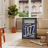Abstract depiction of jazz musicians in gray and blue tones - in a Parisian living room with a sofa and a fig plant