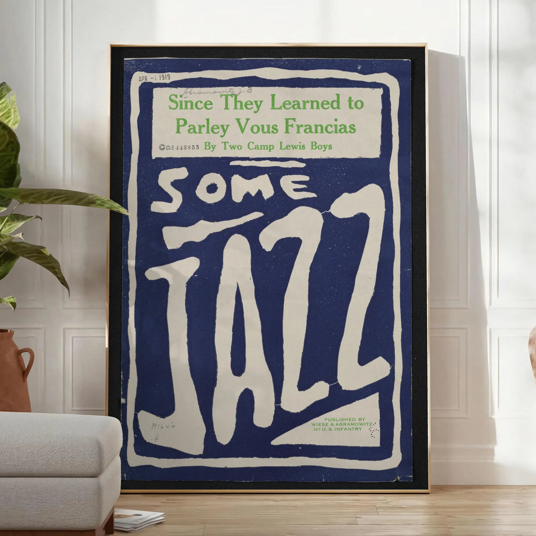 Abstract depiction of jazz musicians in gray and blue tones - in a bright minimalist room with a plant and an armchair