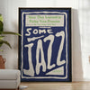 Abstract depiction of jazz musicians in gray and blue tones - in a bright minimalist room with a plant and an armchair