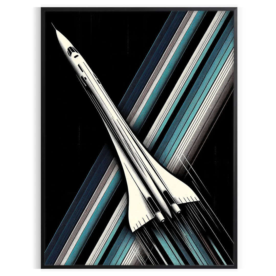 A sleek space rocket launching against a starry night sky in green and black - in a black frame