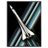 A sleek space rocket launching against a starry night sky in green and black - in a black frame