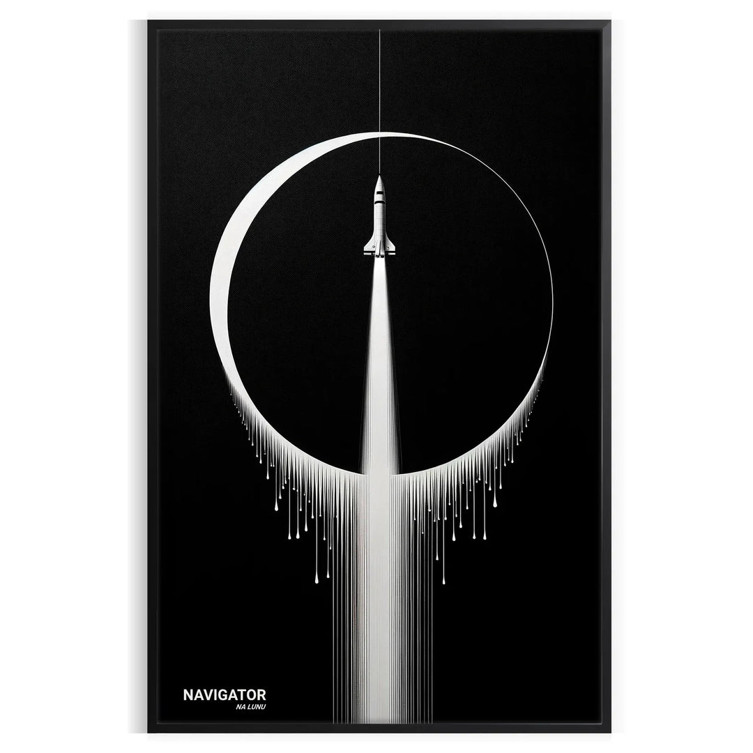 A sleek black and gray poster featuring a detailed illustration of a space rocket against a cosmic background