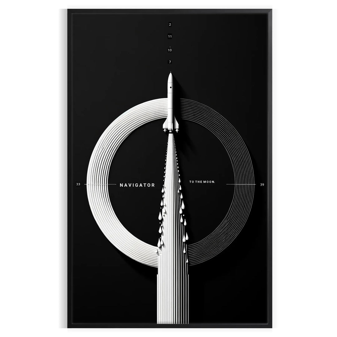 Uma ilustração preta e cinza de um foguete espacial contra um fundo estrelado - numa moldura preta