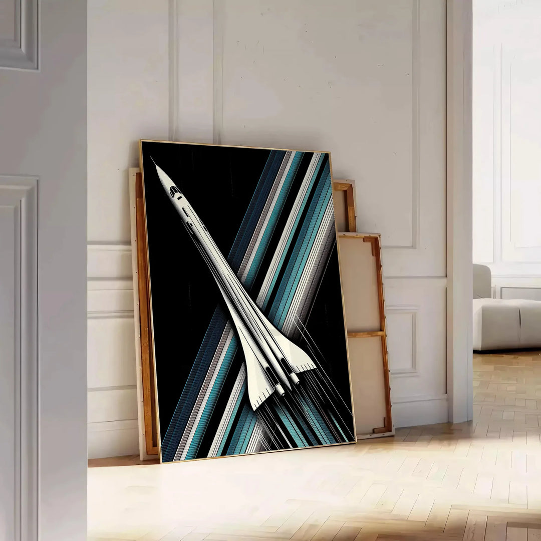 A sleek space rocket launching against a starry night sky in green and black - leaning on a herringbone floor against a white panelled wall