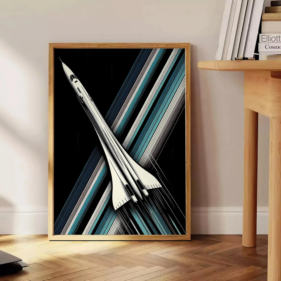 A sleek space rocket launching against a starry night sky in green and black - beside a round wooden side table with books