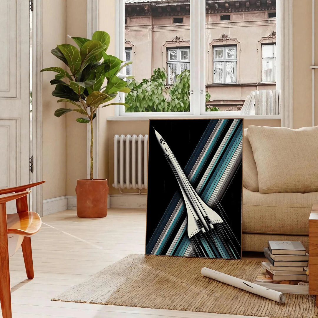 A sleek space rocket launching against a starry night sky in green and black - in a Parisian living room with a sofa and a fig plant