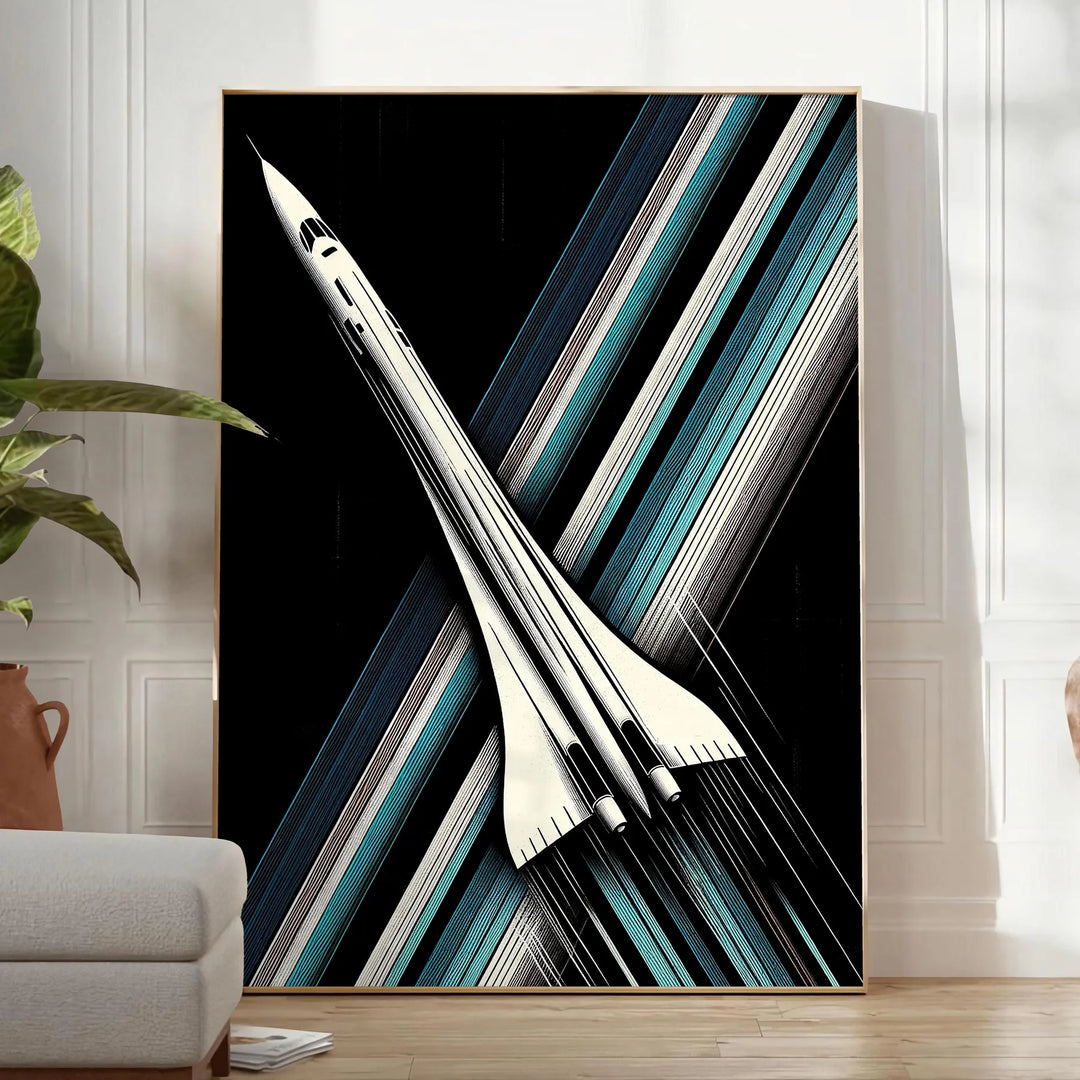 A sleek space rocket launching against a starry night sky in green and black - in a bright minimalist room with a plant and an armchair