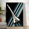 A sleek space rocket launching against a starry night sky in green and black - in a bright minimalist room with a plant and an armchair