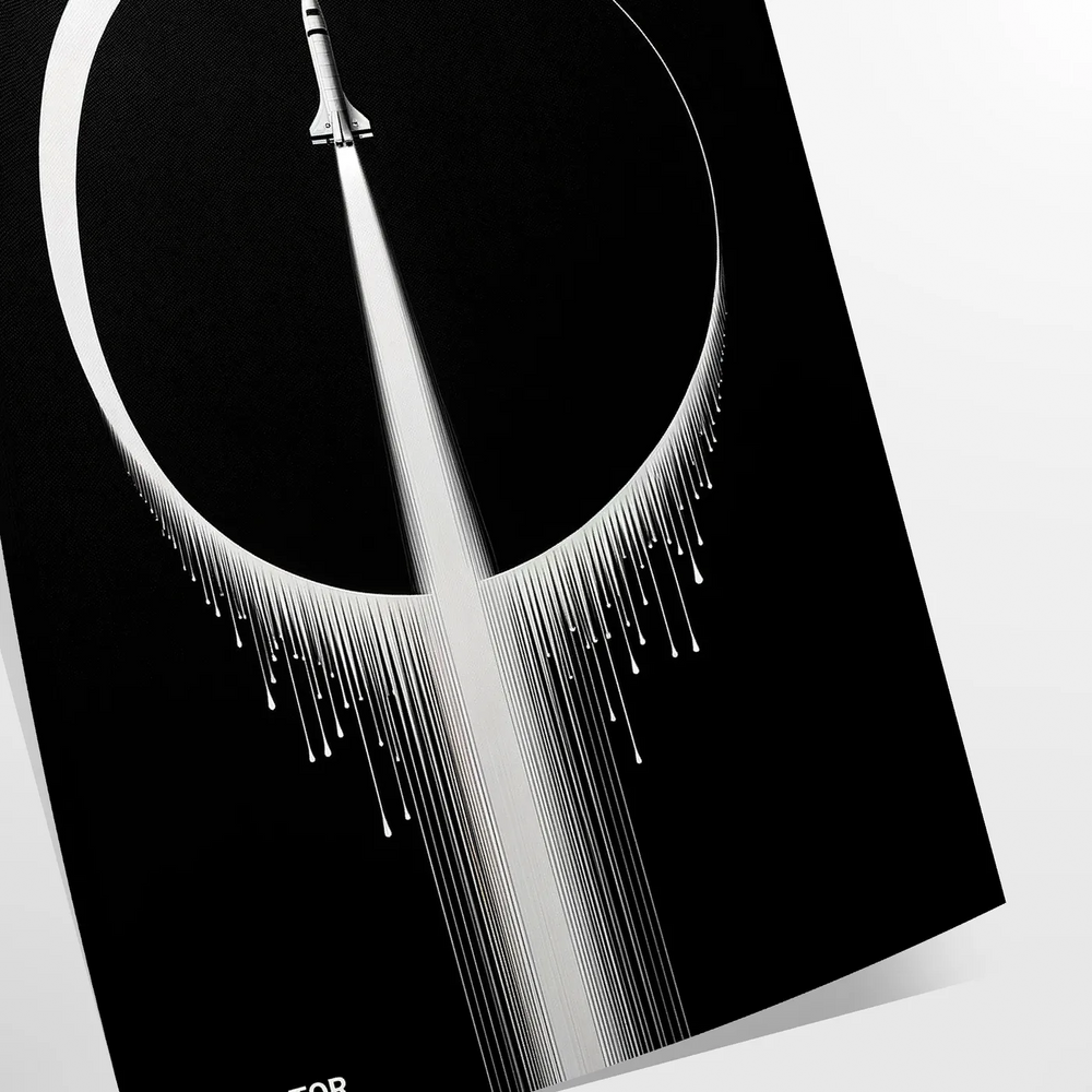 A sleek black and gray poster featuring a detailed illustration of a space rocket against a cosmic background