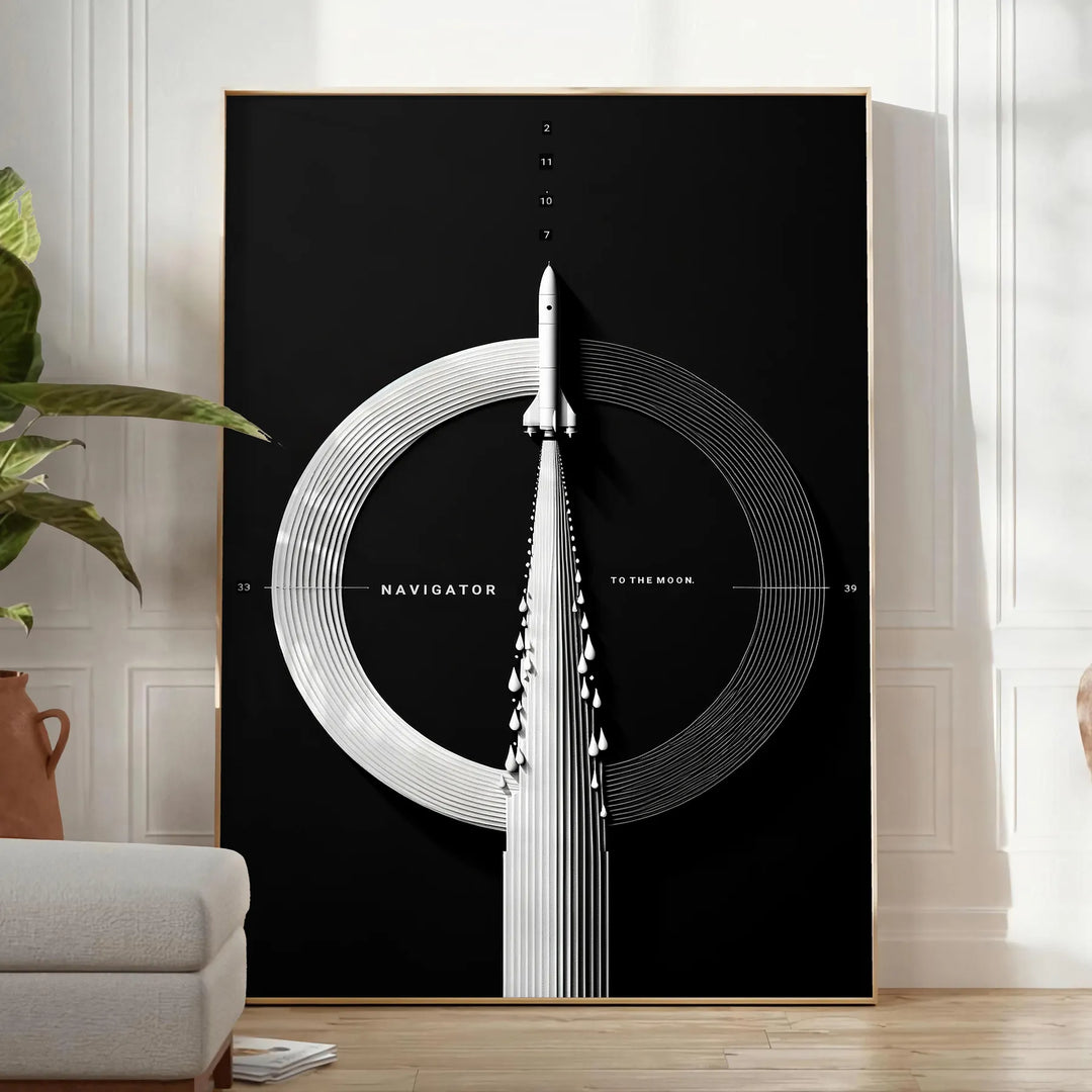 Uma ilustração preta e cinza de um foguete espacial contra um fundo estrelado - num quarto luminoso e minimalista com planta e poltrona