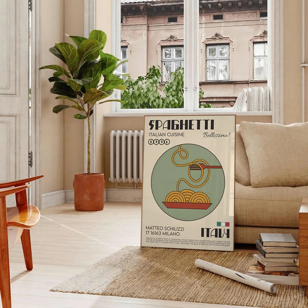 A poster featuring a plate of spaghetti with rich tomato sauce and herbs - in a Parisian living room with a sofa and a fig plant