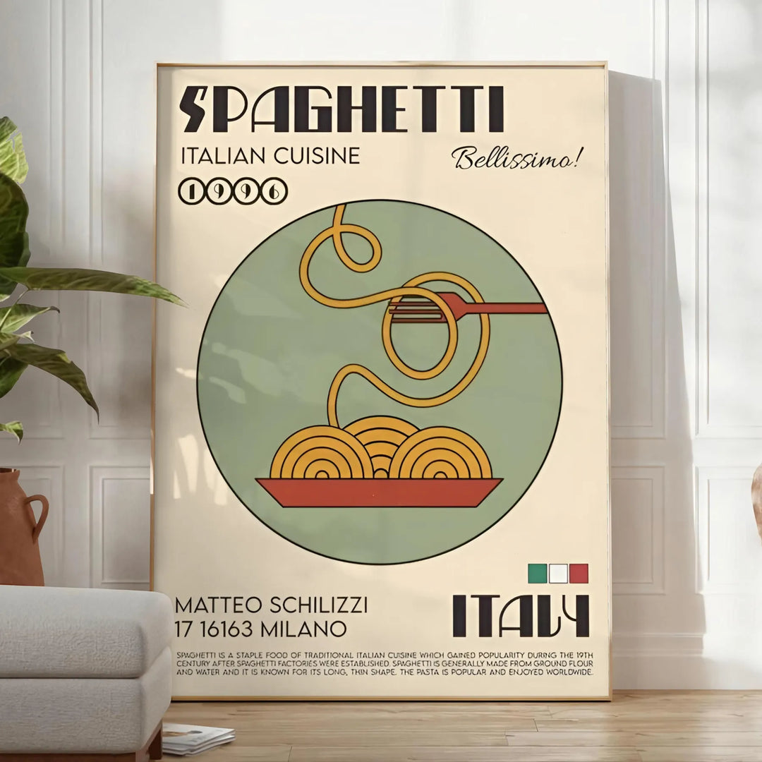 A poster featuring a plate of spaghetti with rich tomato sauce and herbs - in a bright minimalist room with a plant and an armchair