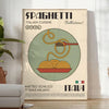 A poster featuring a plate of spaghetti with rich tomato sauce and herbs - in a bright minimalist room with a plant and an armchair