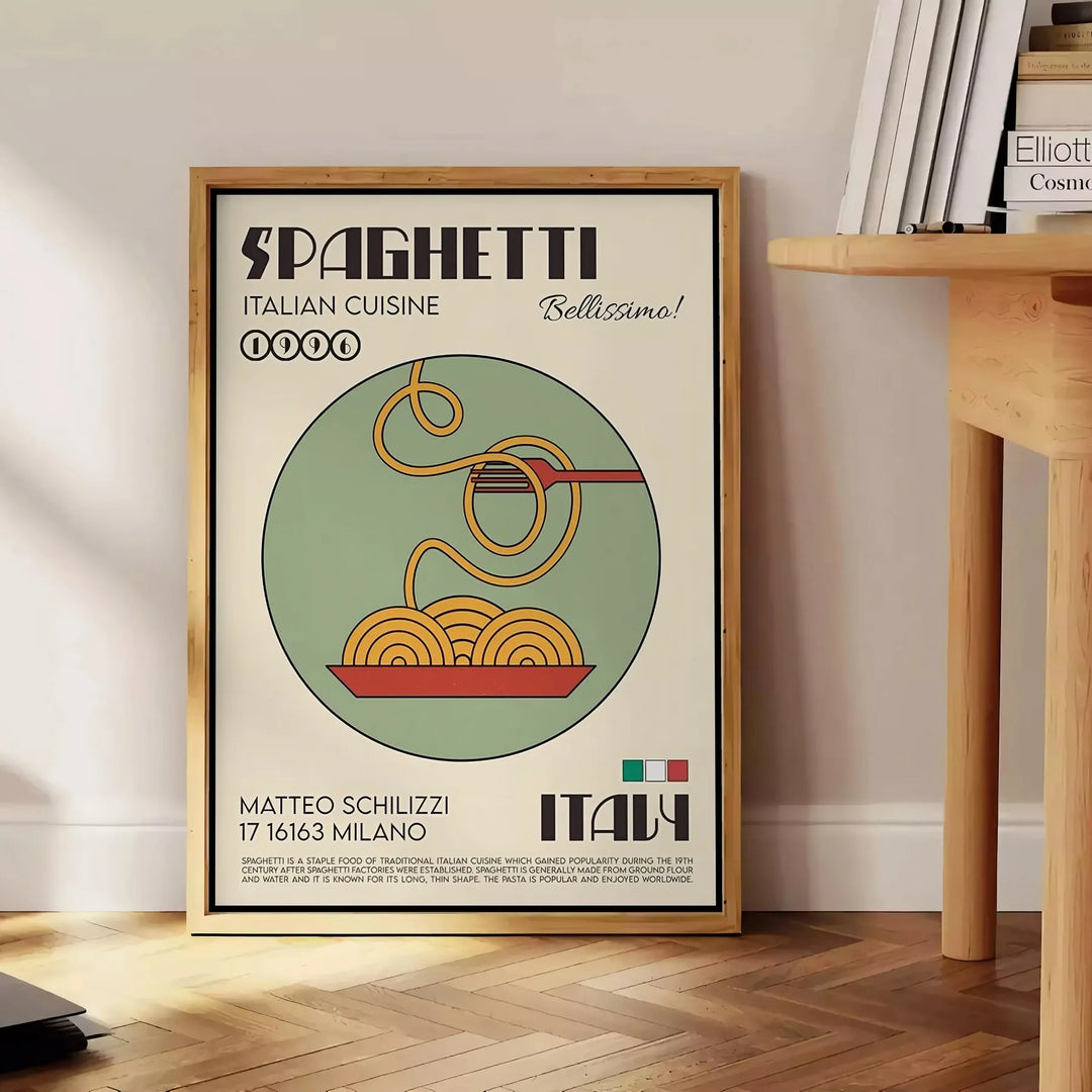A black background featuring a bowl of spaghetti with green basil and red tomatoes - beside a round wooden side table with books