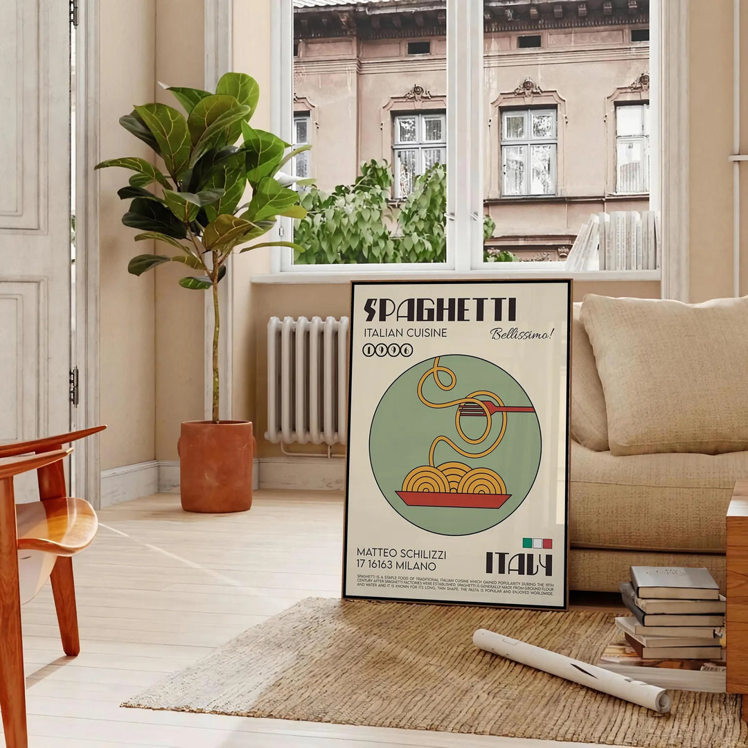 A black background featuring a bowl of spaghetti with green basil and red tomatoes - in a Parisian living room with a sofa and a fig plant