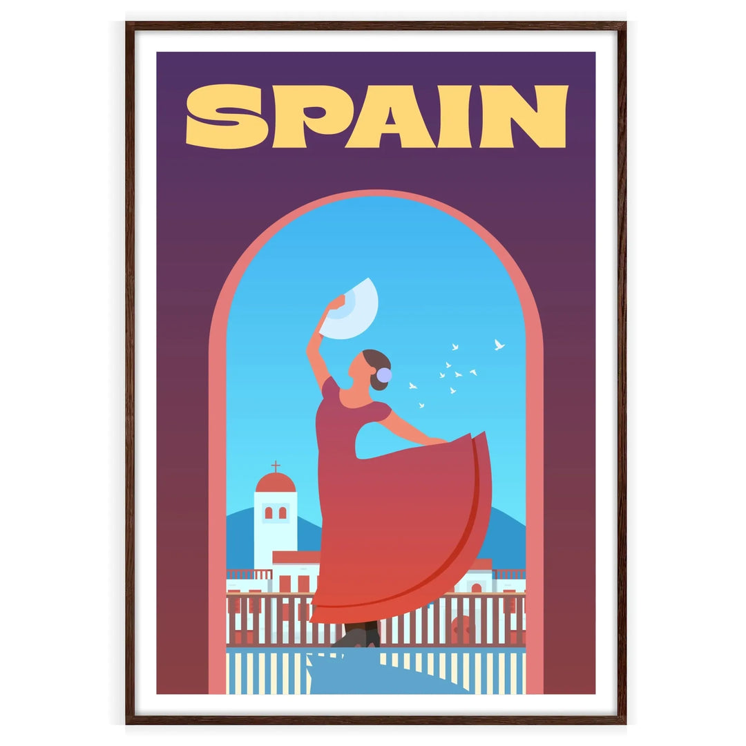 Abstract depiction of Spain with purple and blue hues - in a walnut frame