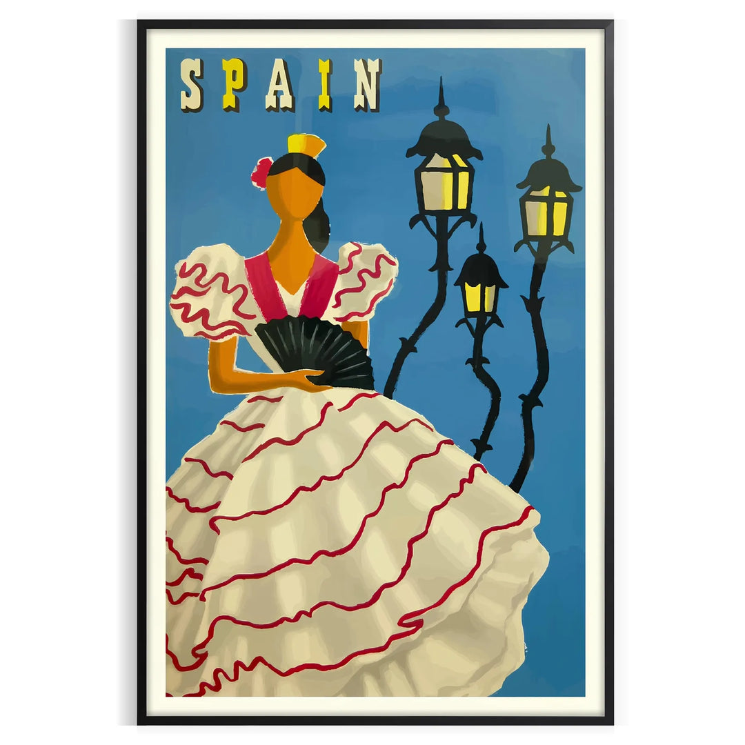 Vintage travel poster featuring Spain with rustic blue and brown tones