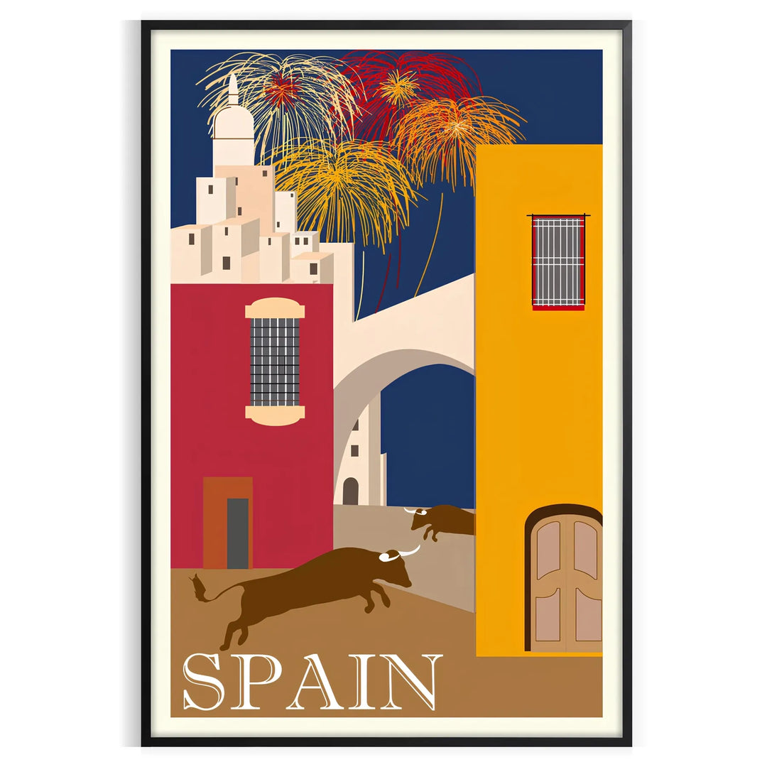 Vintage travel poster featuring Spain with blue and orange tones