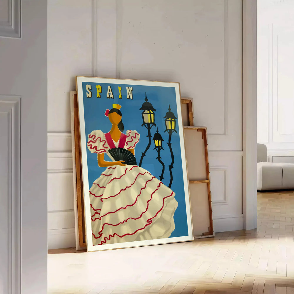 Vintage travel poster featuring Spain with rustic blue and brown tones