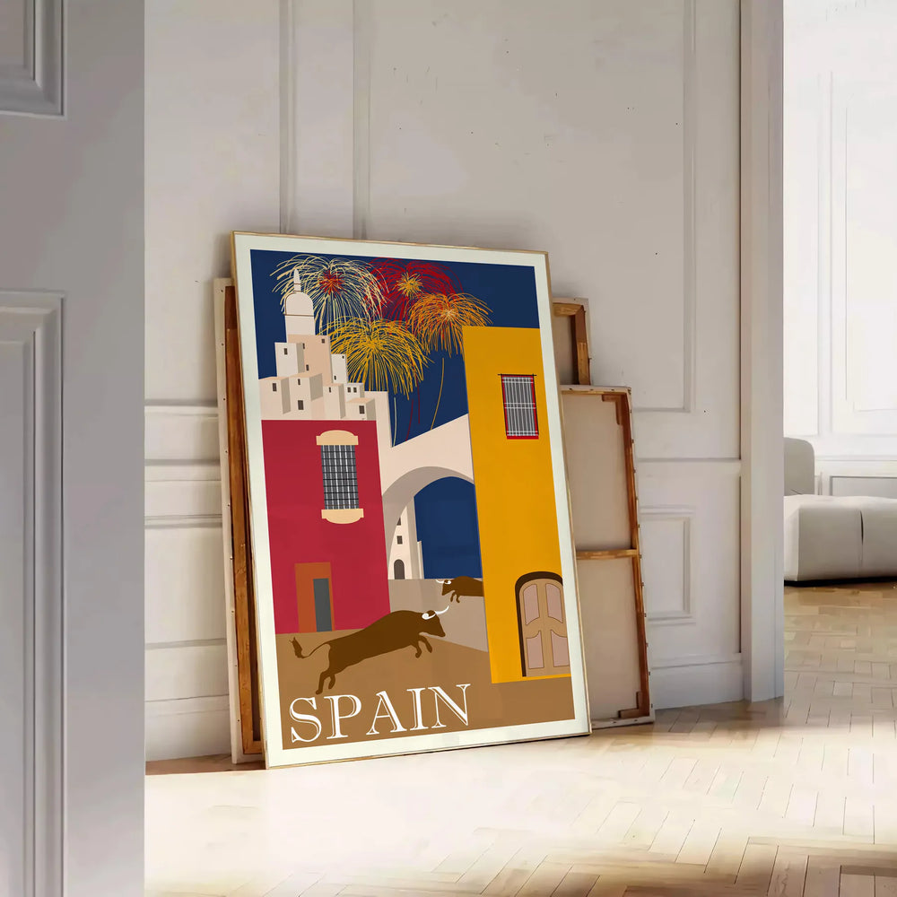 Vintage travel poster featuring Spain with blue and orange tones