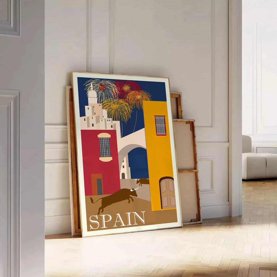Vintage travel poster featuring Spain with blue and orange tones - leaning on a herringbone floor against a white panelled wall