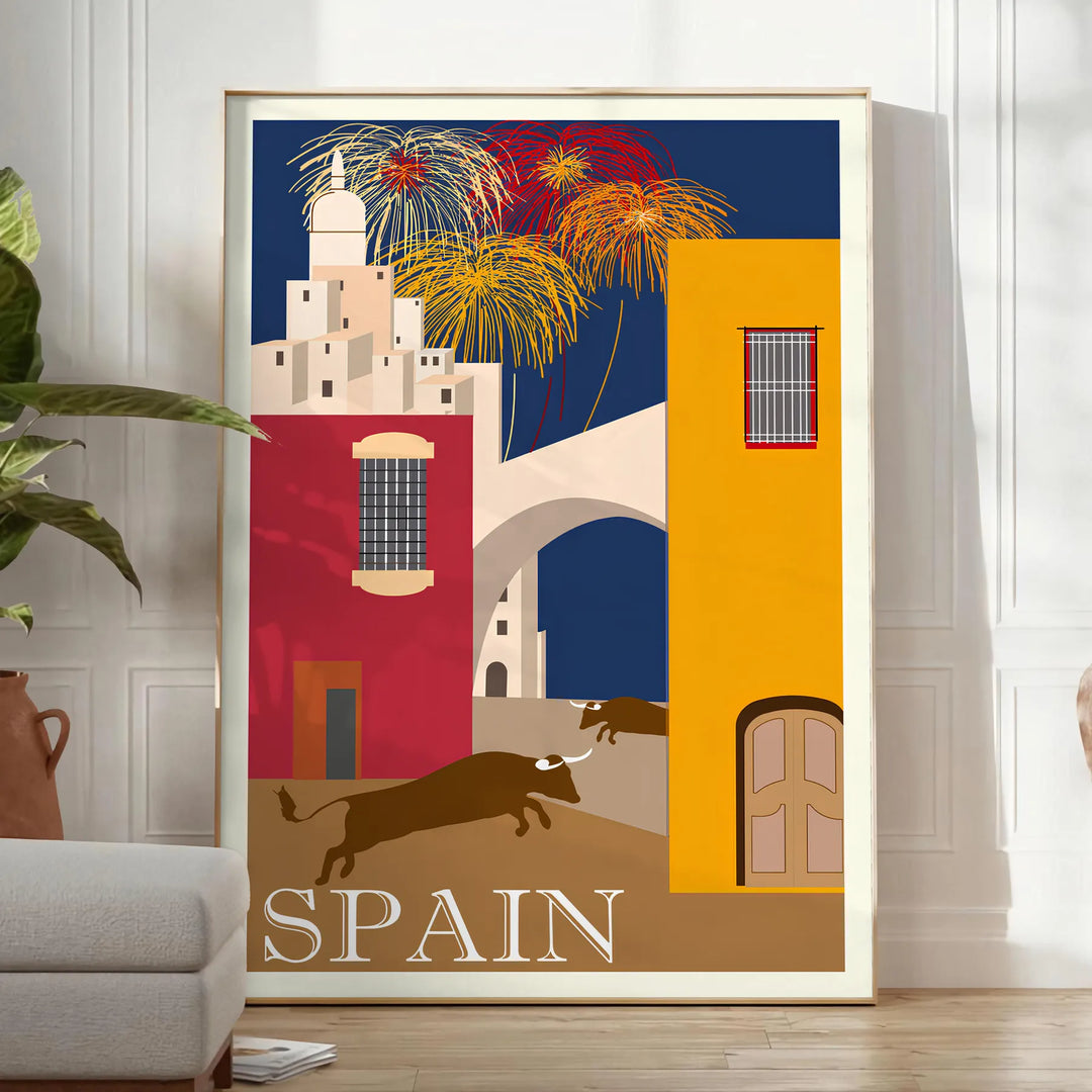 Vintage travel poster featuring Spain with blue and orange tones - in a bright minimalist room with a plant and an armchair